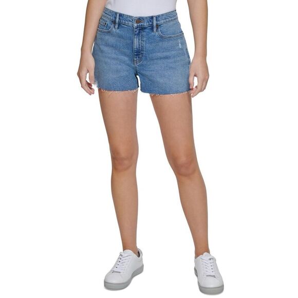 Calvin Klein Jeans High Rise Raw Hem Shorts Blue B4HP (Regular 31) - Picture 1 of 3